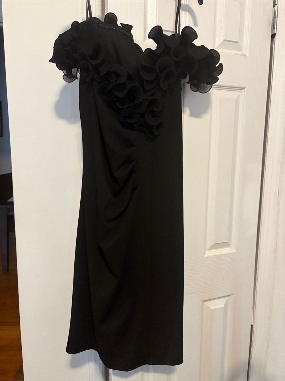 Xscape Black One-Shoulder Ruffle-Trim Midi Dress